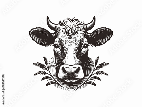 Cow head. Hand drawn sketchy engraving emblem, isolated illustration