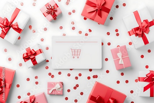 Online retail card highlighting future of subscriptionbased shopping offering sleek design with a large blank space on the lower right surrounded by abstract subscription box and product renewal icons photo