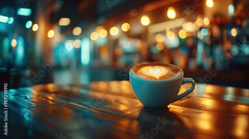 Wallpaper Mural Cappuccino with heart-shaped latte art on wooden table, soft bokeh lights in background, creating warm, cozy cafe atmosphere, perfect for relaxing moments. Torontodigital.ca