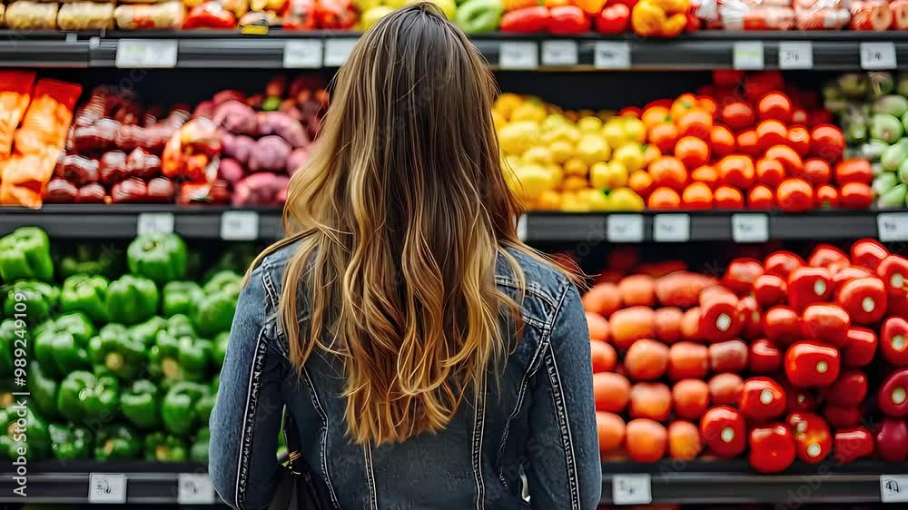 Woman shopping for fresh vegetables in a grocery store, focusing on a colorful produce section with a variety of healthy options.

