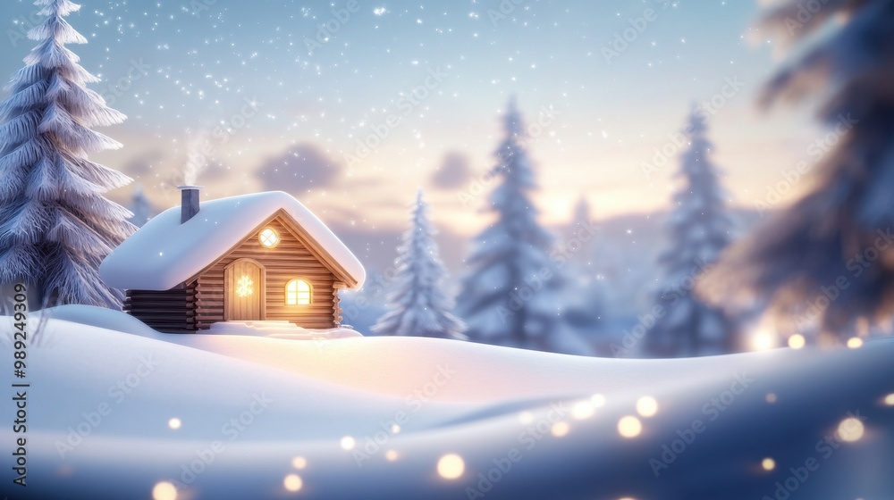 Rustic winter background with a cozy wooden cabin, snow-covered trees, and a soft winter glow reflecting off the snow-covered ground. Rustic winter background with a cozy wooden cabin, snow-covered trees, and a soft winter glow reflecting off the snow-covered ground.