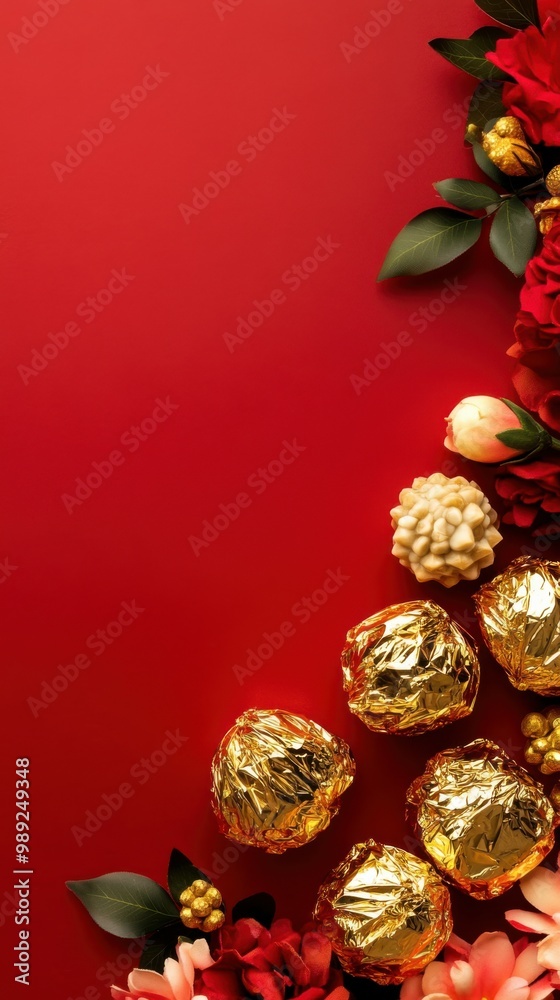 Box of traditional sweets wrapped in gold foil, placed on a bright red backdrop with floral accents, copy space, happy Diwali background, traditional, Indian festival. Box of traditional sweets wrapped in gold foil, placed on a bright red backdrop with floral accents, copy space, happy Diwali background, traditional, Indian festival.