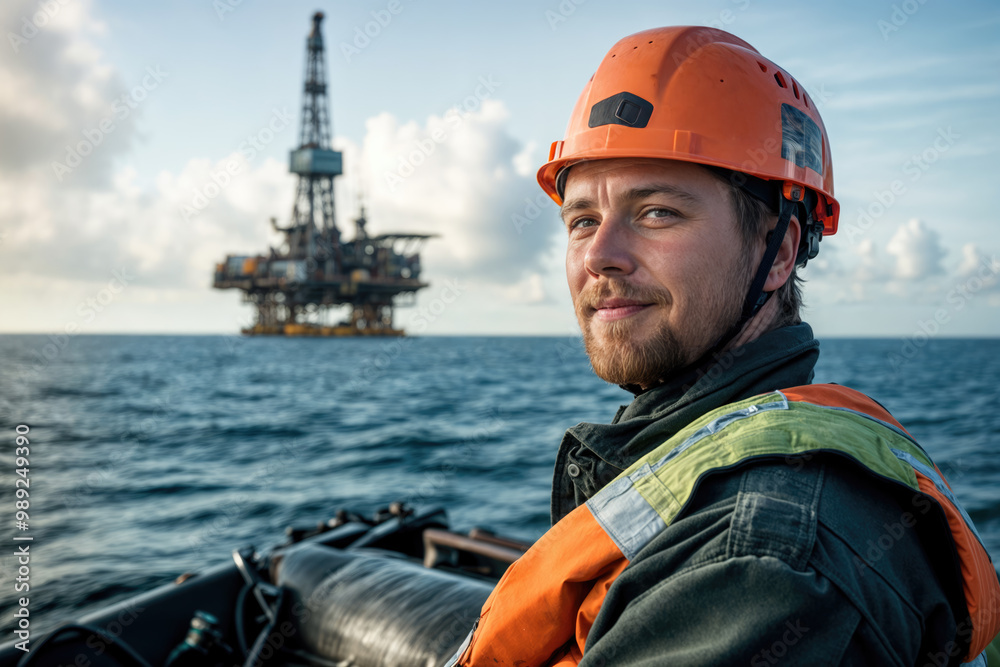 Offshore oil rig worker smiling with platform in background Offshore oil rig worker smiling with platform in background