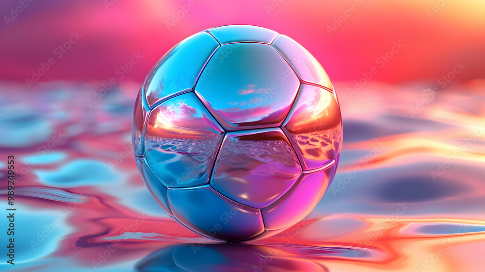 Naklejka premium Glossy Soccer Ball 3D Render, Reflection on Liquid Surface