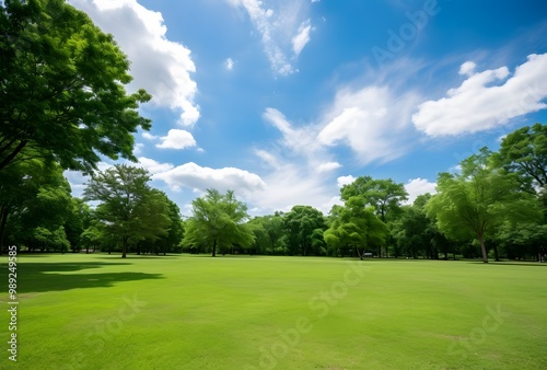 Green Lawn with Trees and Blue Sky