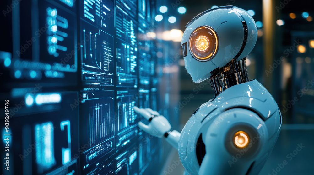 futuristic robot interacts with digital interface, showcasing advanced technology and data visualization. scene conveys innovation and integration of AI in modern environments futuristic robot interacts with digital interface, showcasing advanced technology and data visualization. scene conveys innovation and integration of AI in modern environments