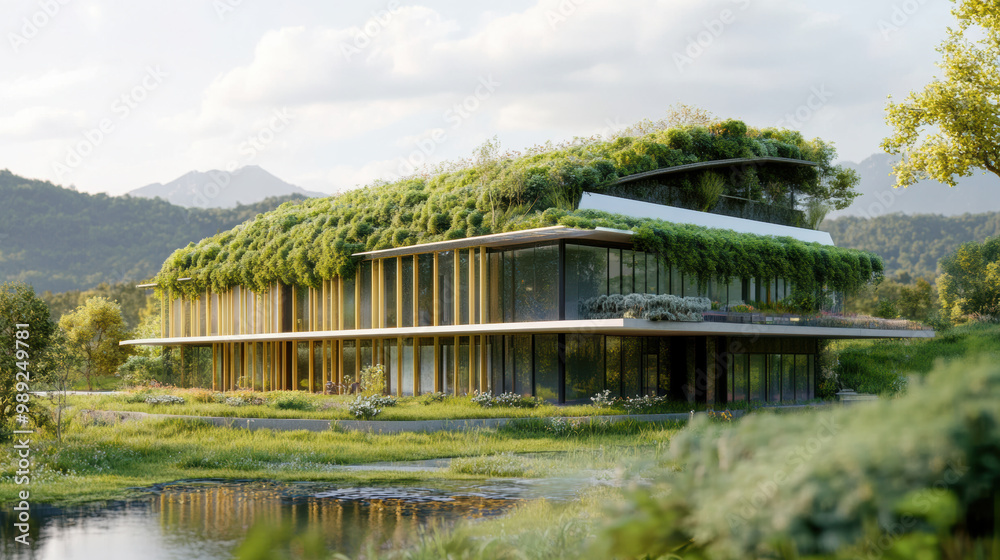 Sustainable architectural model featuring green roof and large glass windows, surrounded by lush greenery and water. This design emphasizes harmony with nature and eco friendliness