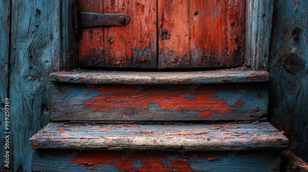 Weathered wooden steps with peeling paint. Weathered wooden steps with peeling paint.