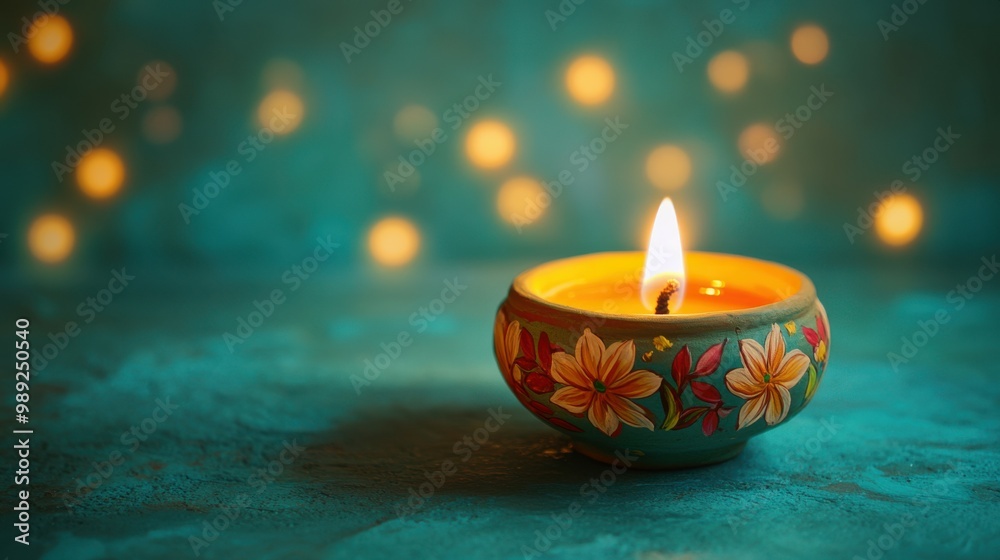 Hand-painted terracotta diya with floral designs, placed on a turquoise backdrop with glowing edges, copy space, happy Diwali background, traditional, Indian festival Hand-painted terracotta diya with floral designs, placed on a turquoise backdrop with glowing edges, copy space, happy Diwali background, traditional, Indian festival