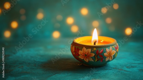 Hand-painted terracotta diya with floral designs, placed on a turquoise backdrop with glowing edges, copy space, happy Diwali background, traditional, Indian festival