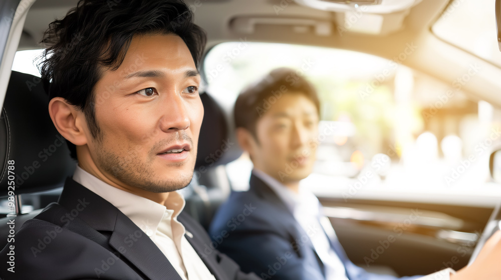 Colleagues in professional attire conversing inside a vehicle, illustrating teamwork and business travel