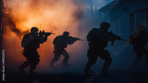 An intense SWAT team breaching a building at dawn.