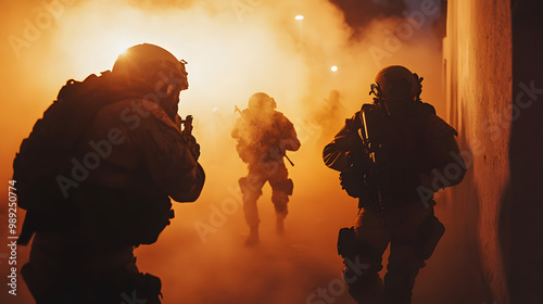 An intense SWAT team breaching a building at dawn.