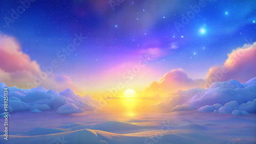 Dreamy sunset sky with colorful clouds and twinkling stars reflecting on the water featuring