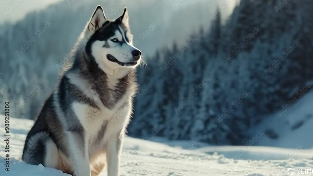 Siberian Husky on snow-covered mountain slope with a backdrop of pine trees and distant peaks. Bright snowy landscape highlights the dogs blue eyes and fur coat. Video made using Generative AI. Siberian Husky on snow-covered mountain slope with a backdrop of pine trees and distant peaks. Bright snowy landscape highlights the dogs blue eyes and fur coat. Video made using Generative AI.