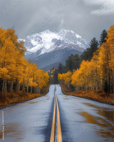 Winding road through an autumn forest lined with golden aspen trees leading to snow-capped mountains under dramatic cloudy skies, capturing the beauty of fall and nature's journey photo