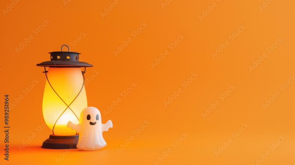 Fototapeta premium A cute lantern and ghost placed on a solid pastel orange background with space above for text 