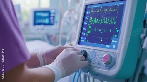 Nurse Checks Oxygen Levels on Medical Monitor