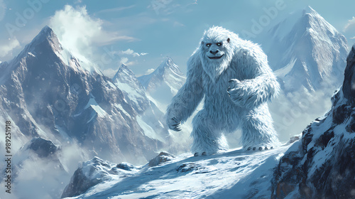 Yeti or abominable snowman in snow covered mountain landscape. generative ai. Yeti. Illustration
