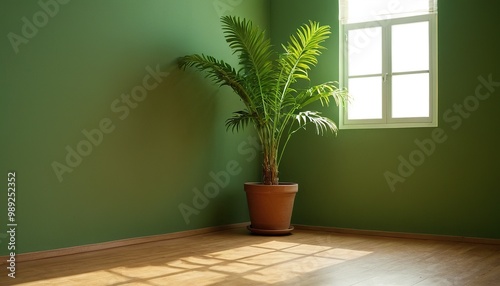 Minimalist Green Room with Sunlight and Plants Sunlight streams into a minimalist green room with a tropical palm, casting shadows on the wall. Empty space for design elements or product placement. 8