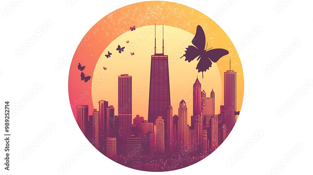 Fototapeta premium Chicago Skyline Vector Icon at Golden Hour with Butterflies Silhouetted in Circle Frame on Pink Background