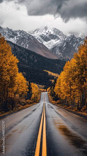 Winding road through an autumn forest lined with golden aspen trees leading to snow-capped mountains under dramatic cloudy skies, capturing the beauty of fall and nature's journey photo