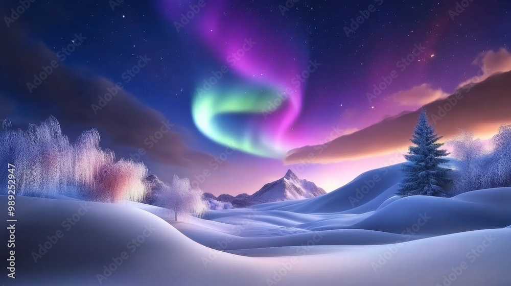 Snowy winter landscape illuminated by vibrant northern lights dancing across the night sky, casting a magical glow over the snow-covered ground. Snowy winter landscape illuminated by vibrant northern lights dancing across the night sky, casting a magical glow over the snow-covered ground.