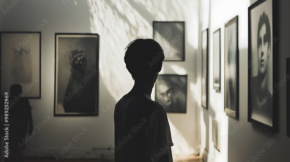 Fototapeta premium A person stands in front of a gallery wall, contemplating the art.