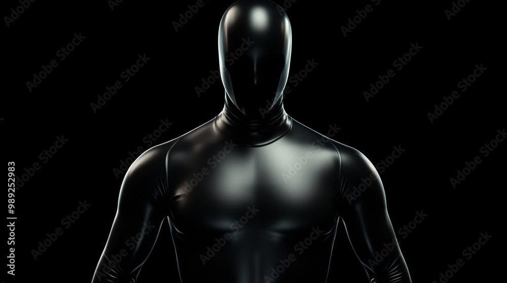 Abstract Black Latex-Clad Figure in Power Pose Against Dark Background – Photorealistic Digital Illustration. Generative AI Abstract Black Latex-Clad Figure in Power Pose Against Dark Background – Photorealistic Digital Illustration. Generative AI