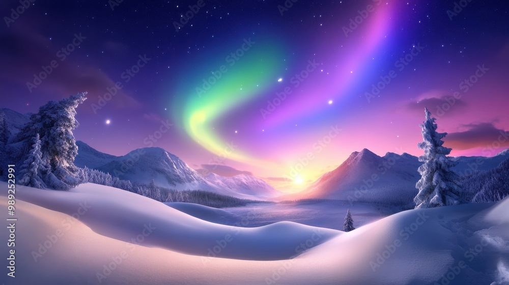 Fototapeta premium Snowy winter landscape illuminated by vibrant northern lights dancing across the night sky, casting a magical glow over the snow-covered ground.
