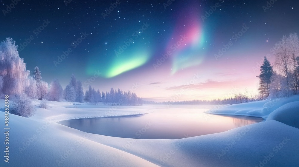 Snowy winter landscape illuminated by vibrant northern lights dancing across the night sky, casting a magical glow over the snow-covered ground. Snowy winter landscape illuminated by vibrant northern lights dancing across the night sky, casting a magical glow over the snow-covered ground.