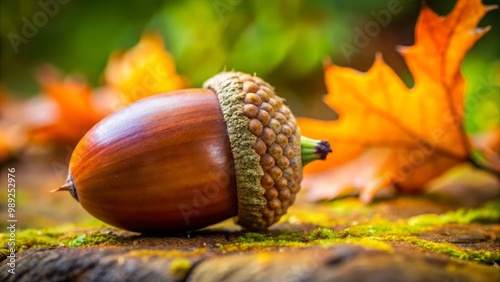 Single brown acorn lying on a mossy surface with green oak leaves in soft focus in the background