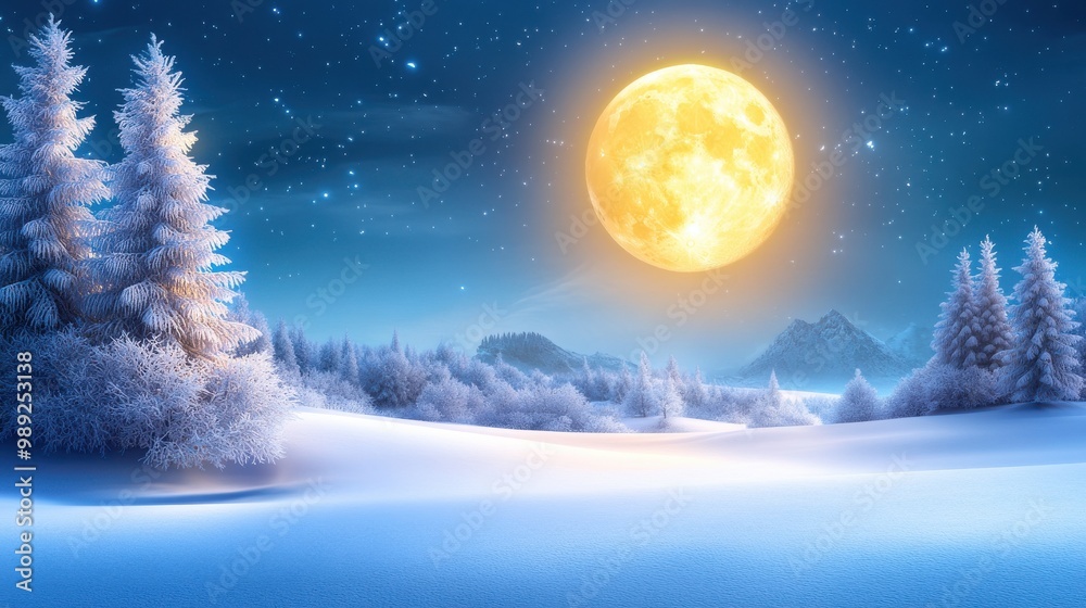 Snowy winter night with a glowing full moon, frosted trees, and a gentle snowfall creating a magical, peaceful atmosphere under the night sky. Snowy winter night with a glowing full moon, frosted trees, and a gentle snowfall creating a magical, peaceful atmosphere under the night sky.