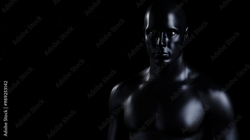 Abstract Close-up of Muscular Man with Black Metallic Skin in Dark Background. Abstract Photography of Metallic Human Figure in Shadowy Lighting with Dark Background. Generative AI Abstract Close-up of Muscular Man with Black Metallic Skin in Dark Background. Abstract Photography of Metallic Human Figure in Shadowy Lighting with Dark Background. Generative AI