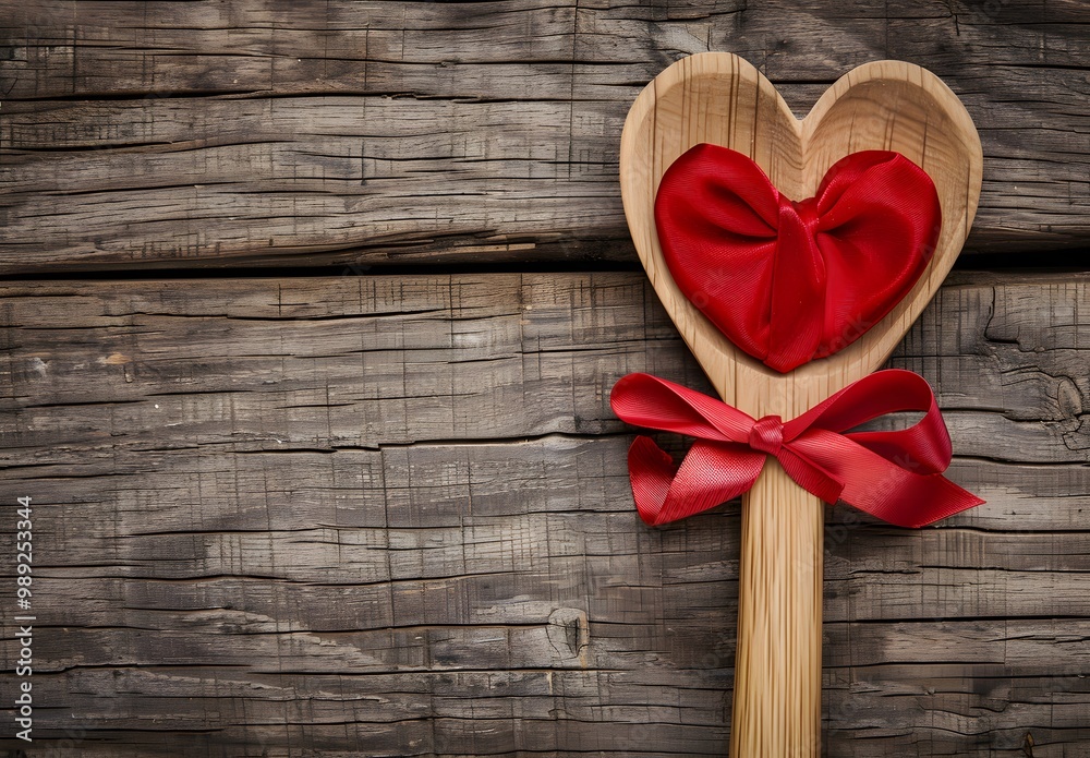 Heart-Shaped Wooden Spoon With Red Ribbon On Rustic Background Heart-Shaped Wooden Spoon With Red Ribbon On Rustic Background