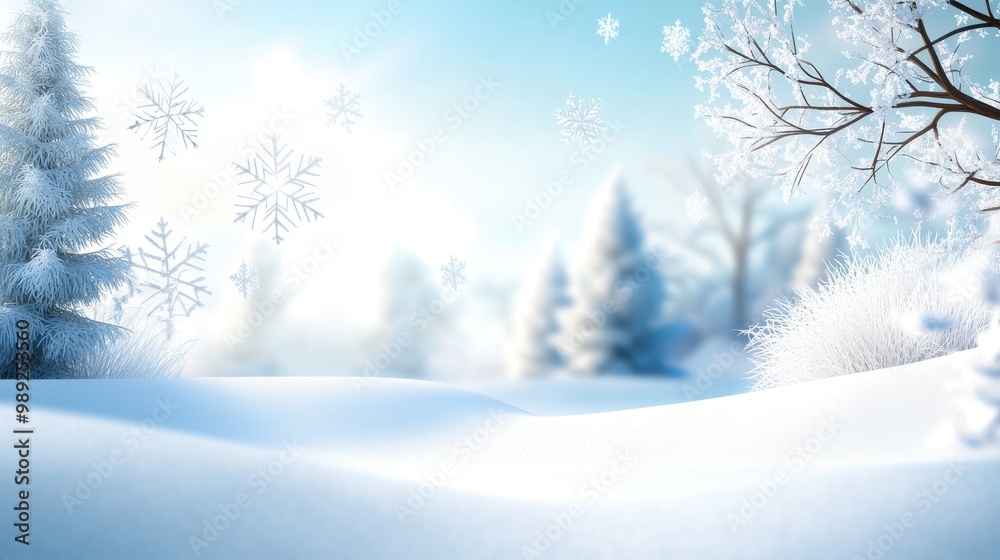 Fototapeta premium Soft winter scene with intricate snowflakes floating through the air, overlaying a snow-covered forest backdrop under a clear sky.