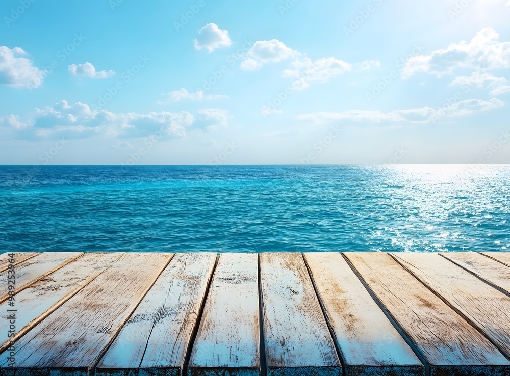 Fototapeta premium Wooden Tabletop Ocean View Photography Backdrop