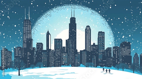 Chicago Skyline Vector Icon in Winter Wonderland Circle with Ice Skaters - Silhouette Buildings on Blue Sky Background