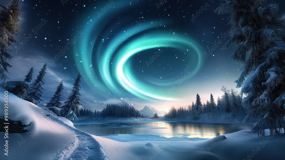 Fototapeta premium Stunning winter night with northern lights swirling across the sky, illuminating a frozen lake and snow-covered trees. A breathtaking natural display.
