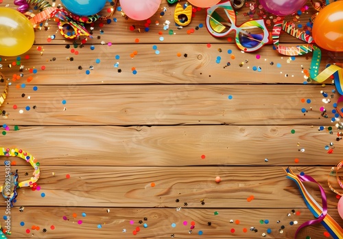 Festive Wooden Background with Balloons, Confetti & Streamers photo