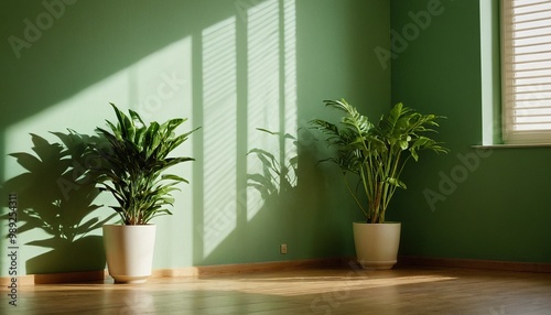 Sunlight casting shadows through windowpanes in a serene green room with a single potted plant, evoking a sense of calm and simplicity 41