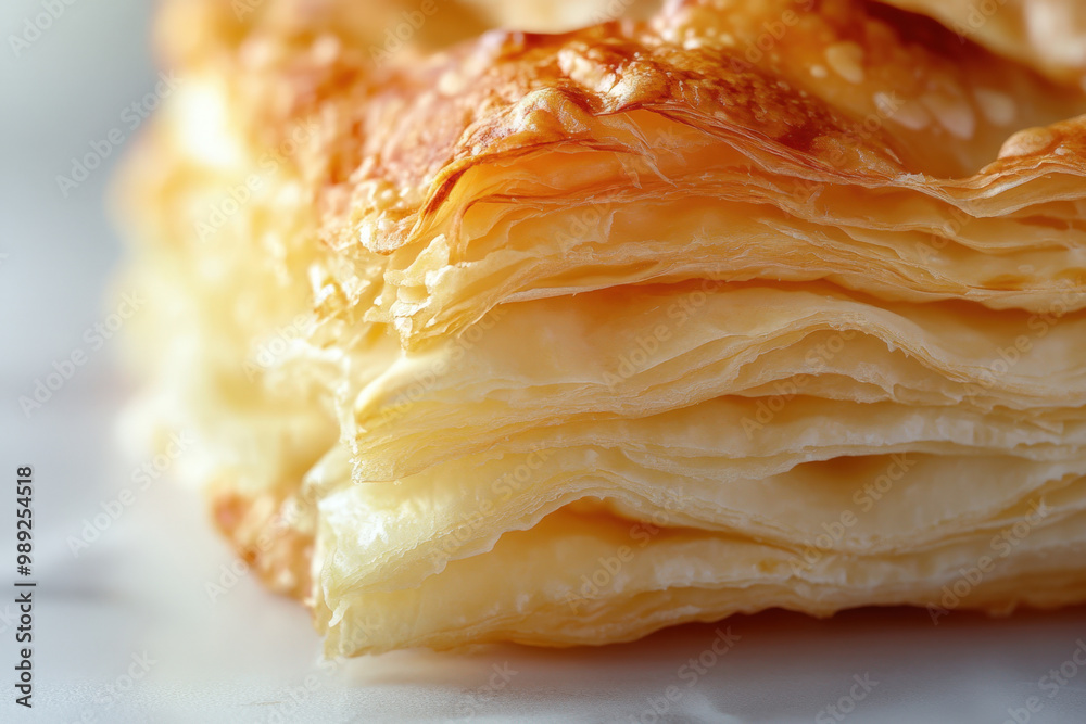 Golden brown puff pastry with a crispy, flaky texture is captured up close, highlighting its delicious layers Golden brown puff pastry with a crispy, flaky texture is captured up close, highlighting its delicious layers