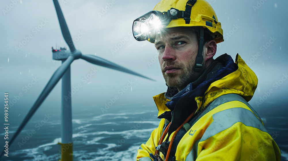 Worker in safety gear near wind turbine Worker in safety gear near wind turbine