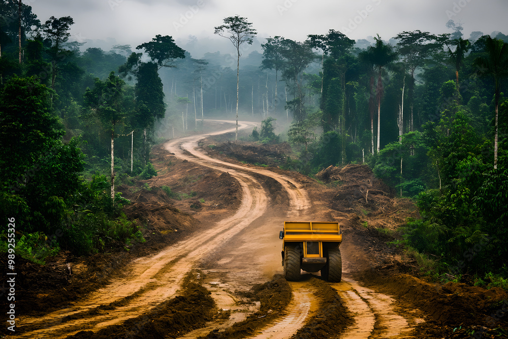 Deforestation impact in rainforest, road construction through forest ...