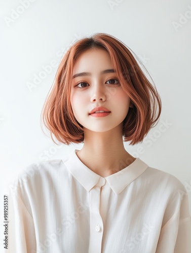 A portrait of a young woman with stylish short hair, wearing a light shirt, exuding a calm and confident demeanor.