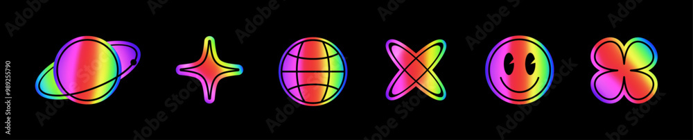Holographic futuristic emblems and labels.Holographic vector stickers set with symbols and objects in Y2K style. The hologram tags have distinct shapes and vibrant reflect. Holographic futuristic emblems and labels.Holographic vector stickers set with symbols and objects in Y2K style. The hologram tags have distinct shapes and vibrant reflect.