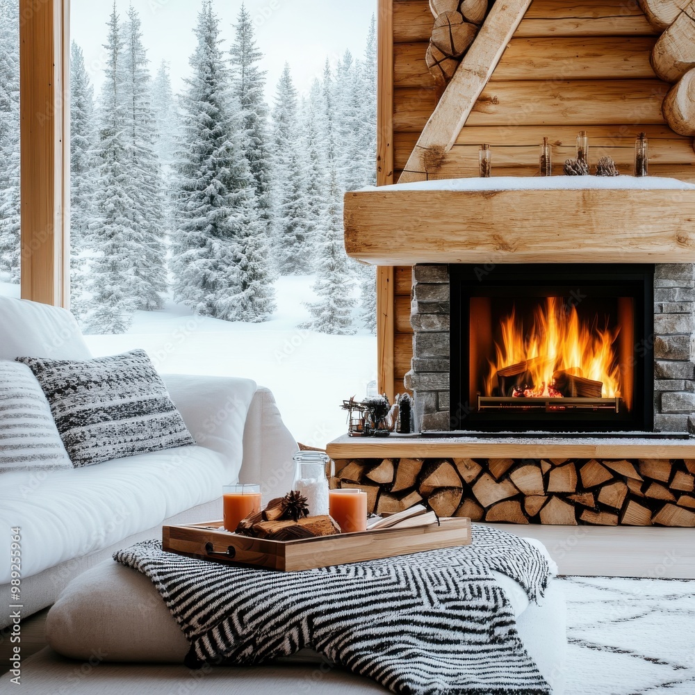 A cozy fireplace in a log cabin, surrounded by snow-covered trees A cozy fireplace in a log cabin, surrounded by snow-covered trees
