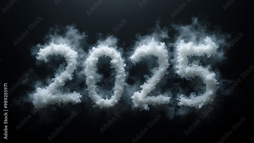 Number 2025 is written with fog on a black background Number 2025 is written with fog on a black background