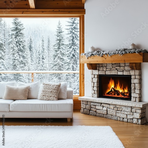 A cozy fireplace in a log cabin, surrounded by snow-covered trees