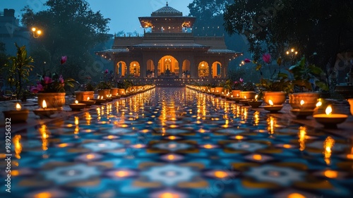 A beautifully illuminated temple is reflected on a colorful tile pathway lined with glowing oil lamps, creating a serene and festive atmosphere during a rainy evening celebration. photo